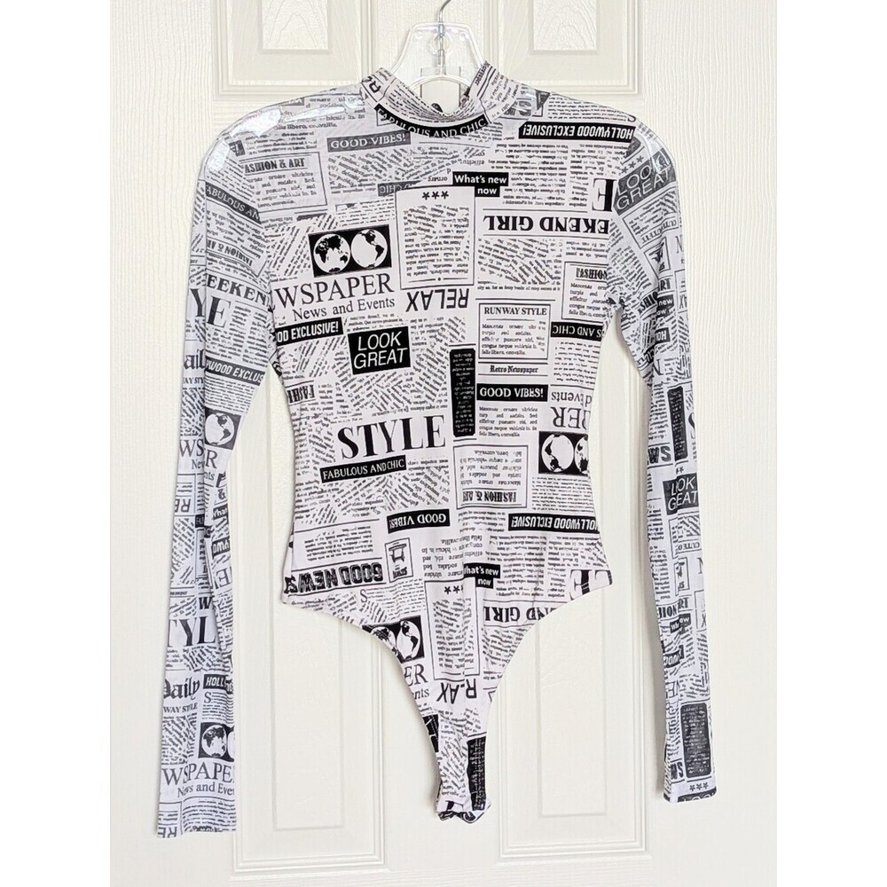 NWT Women's (Small) Sheer Mock-Neck Newspaper Print Long-Sleeve Bodysuit